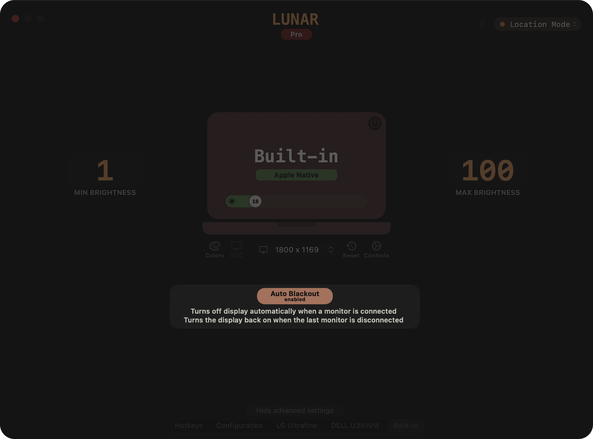 Lunar screenshot showing Auto Blackout enabled
